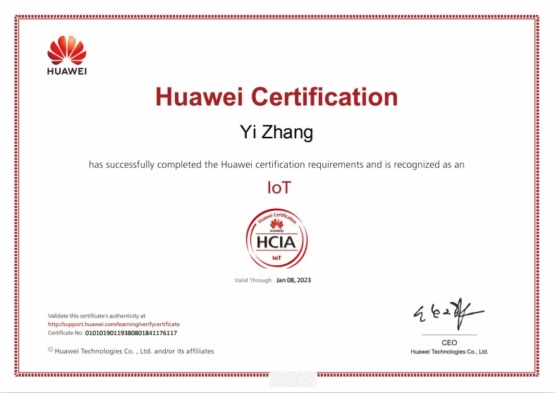 华为物联网HCIA-Iot认证证书--张一